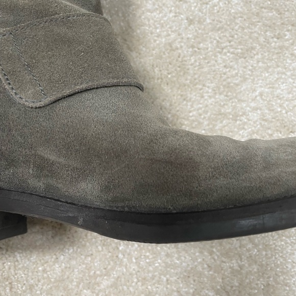 Dixon Grey Suede Size 7 JCrew Mid Calf Pull On Moto Boot w Gold Buckle Detail - Picture 7 of 12